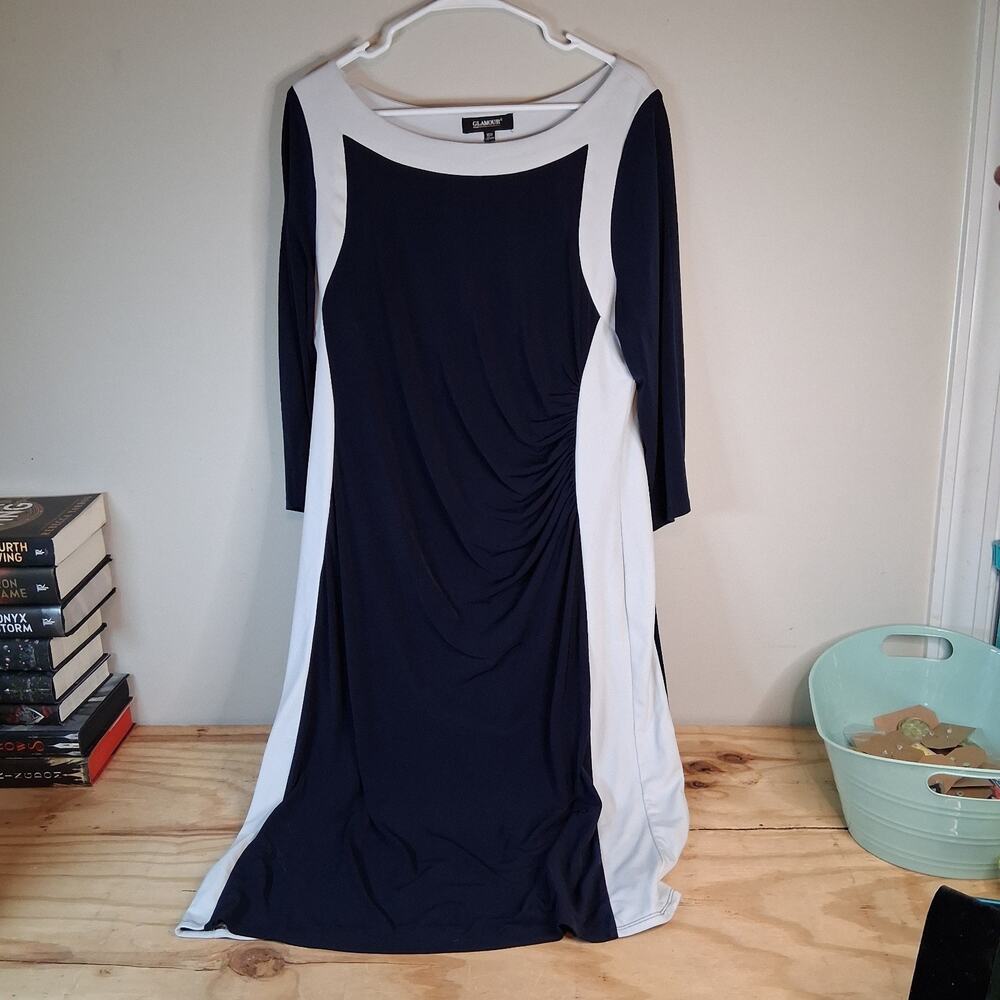 Glamour Womens Dress Sz 16W Blue White Midi Dress Ruched Side Business Dress